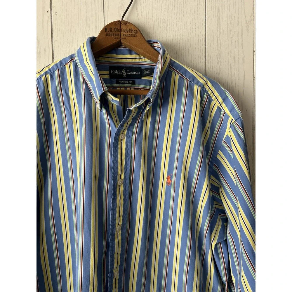 Polo Ralph Lauren Mens XL Blue Multicolor Stripe Classic Fit Button Down Pony